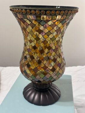 PartyLite Iridescent Mosaic Hurricane Lamp - Amber & Multicolor Tiles
